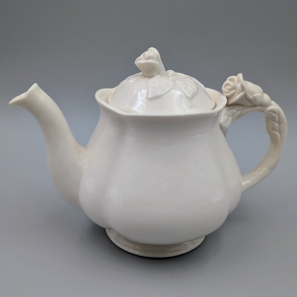 Vintage I. Godinger White Ceramic Teapot - Sculptured Rose Handle and Lid Finial - Picture 1 of 7
